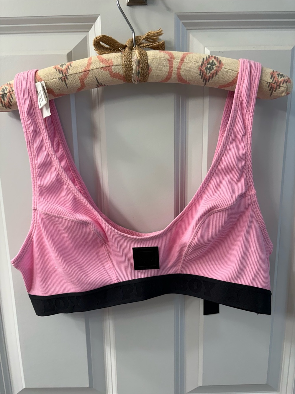 New! PLAYBOY Pink Ribbed Sports Bralette with Black Elastic Band